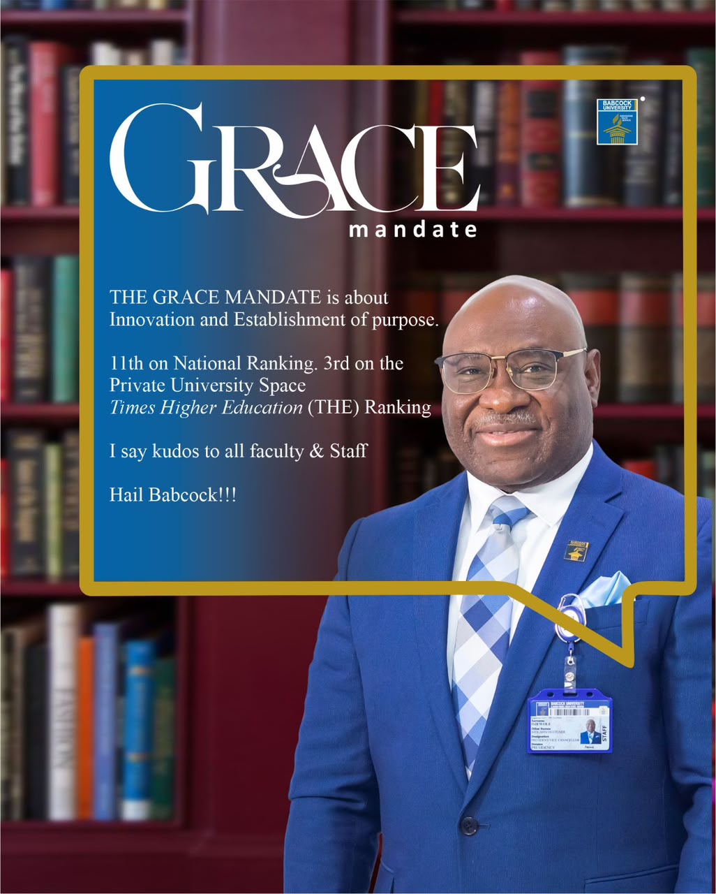 Vice Chancellor of Babcock University announcing the Grace Mandate and Times Higher Education ranking results